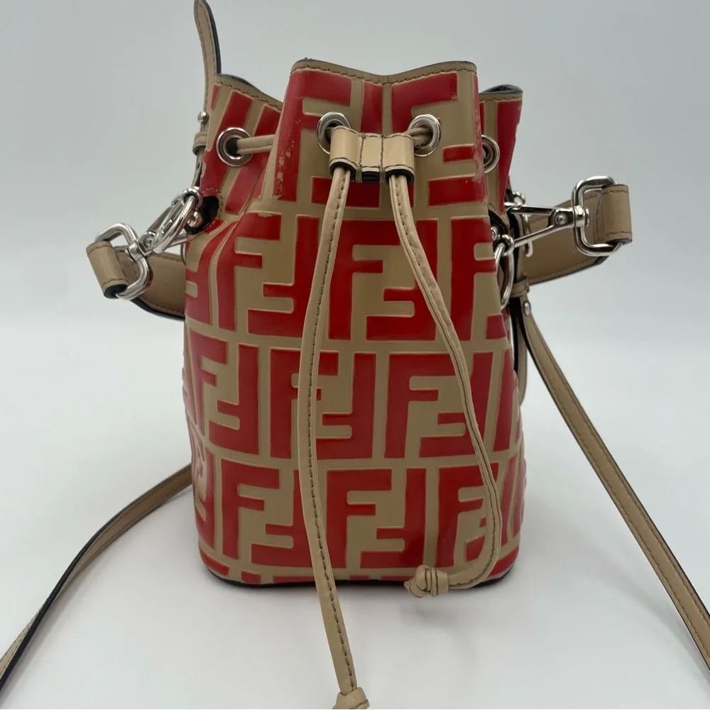 (SOLD) Fendi Monogram Embossed Beige/Red Leather Tresor Drawstring Bucket Bag - Picture 3 of 17